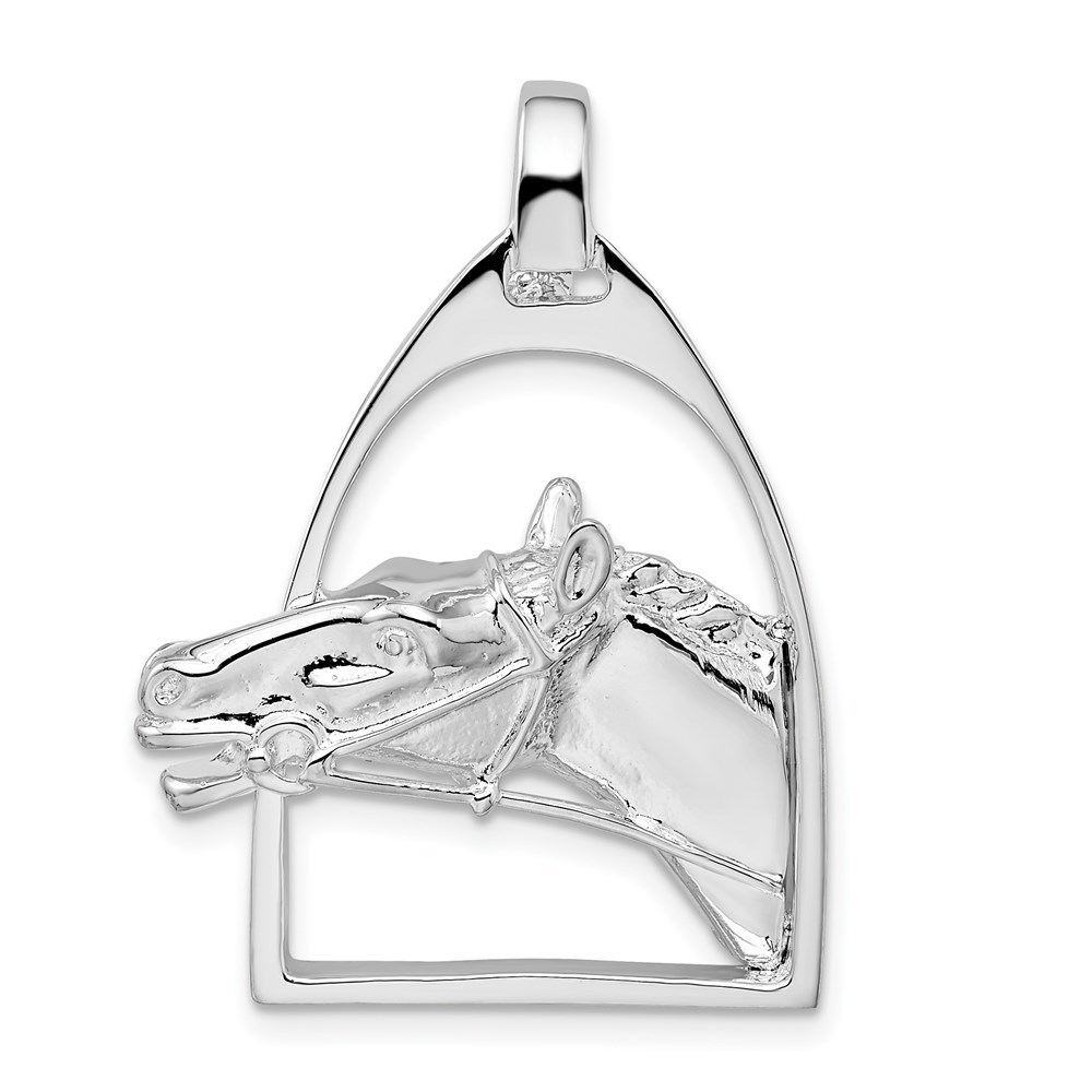 925 Sterling Silver Equestrian Horse Head with Stirrup Necklace Charm Pendant
